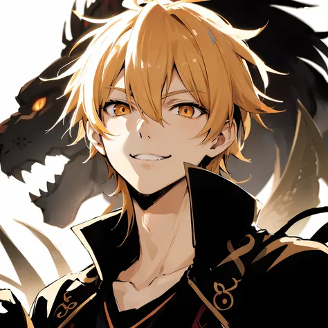 Japanese anime, Beautiful young man, a blond, Orange Eyes, Cool black costume, Sharp eyes, Grinning, Silhouette of a lion behind him, Diagonal upper angle,