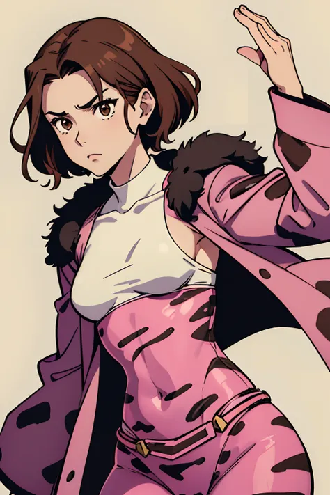 Woman with short, wavy brown hair, tez blanca, cuerpo delgado, small breasts, cejas arqueadas, brown eyes, neutral expression, vestimenta de color hot pink con  estampado animal print de leopardo y peluche blanco alrededor del cuello. Jujutsu Kaisen