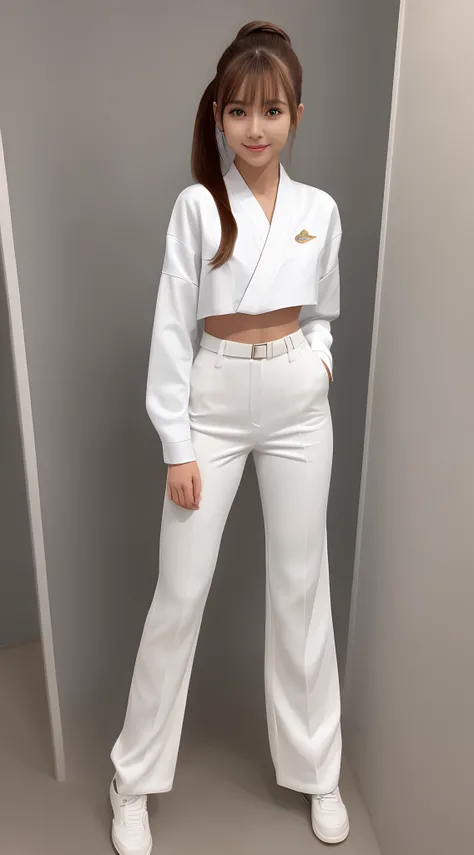 (Photorealsitic)(sixteen years old), Perfectly beautiful woman, (Full body 8K portrait), White Karate Uniform, White karate pants, Large bust,Stand alone, Perfect facial detail, (Smile: 1.15), attractive beautiful face, gazing at viewer, a small face, 二重まぶ...