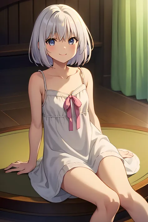 elaina,elaina\(nightgown\), (masterpiece:1.6, best quality), shiny hair, short hair, shiny, sitting , happy,indoors,depth of fie...