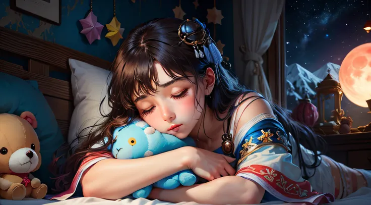 colorful、on badroom、kosmos、Big Moon、realistic、The girl is sleeping、Only one stuffed animal、超A high resolution