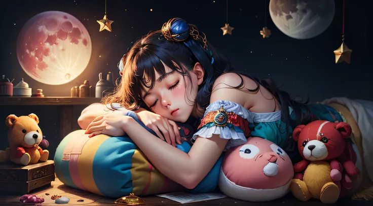 colorful、on badroom、kosmos、Big Moon、realistic、The girl is sleeping、Only one stuffed animal、超A high resolution