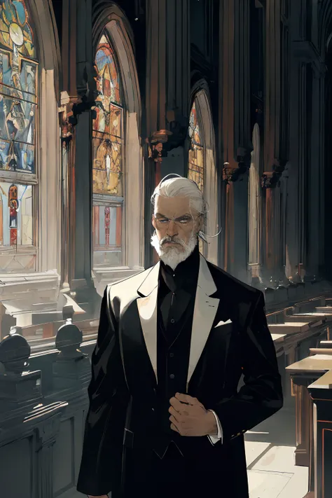 (masterpiece:1.2), best quality, absurdres, rugged white male with combed white hair, white beard, in a sophisticated all black suit, with a tired expression, somber expression, standing in front of large stained glass in a large library, comic, smooth lin...