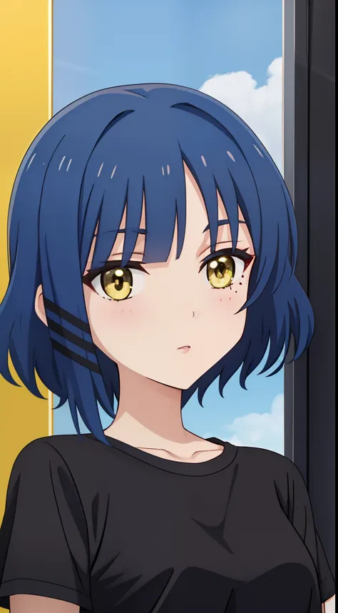 anime girl with short blue hair and yellow eyes, !! looking at the camera!!, wearing a black t-shirt, celebrity, with full bangs...