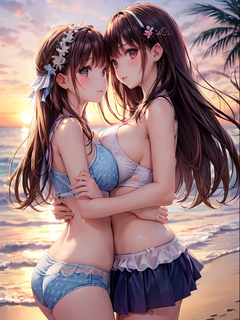 ((2 Little girls touch each others breasts)), Brown hair, Brown eyes, Model, (Beautiful big breasts:1.3), Bare shoulders, (bared  chest:1.2), (High School Uniform, Professional Photography, (((Bokeh))),  Beach, Sea, Twilight, Sunset, Underwear pattern mult...