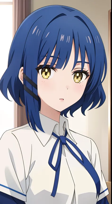 anime girl with short blue hair and yellow eyes, !! looking at the camera!!, wearing a white school uniform, celebrity, with ful...