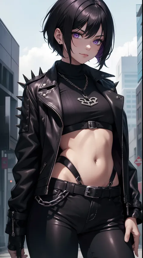 young girl, short black hair, violet eyes, smirk, Black leather jacket with spikes, open belly, breeches, Chains on clothes, scar on face, cigarette, Smoke, hiquality, 4k, HD, Good detail