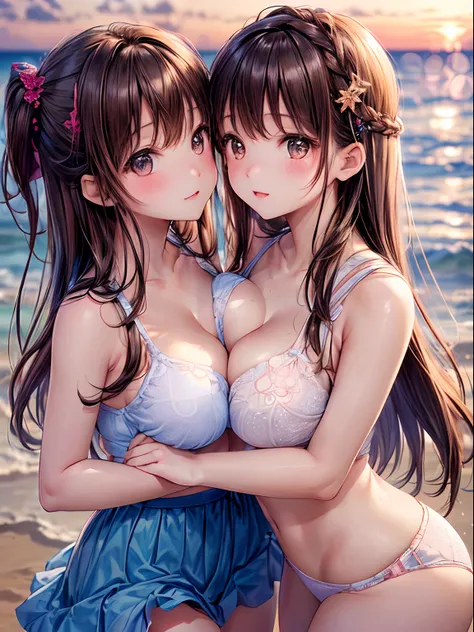 ((2 Little girls touch each others breasts)), Brown hair, Brown eyes, Model, (Beautiful big breasts:1.3), Bare shoulders, (bared  chest:1.2), (High School Uniform, Professional Photography, (((Bokeh))),  Beach, Sea, Twilight, Sunset, Underwear pattern mult...