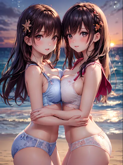 ((2 Little girls touch each others breasts)), Brown hair, Brown eyes, Model, (Beautiful big breasts:1.3), Bare shoulders, (bared  chest:1.2), (High School Uniform, Professional Photography, (((Bokeh))),  Beach, Sea, Twilight, Sunset, Underwear pattern mult...