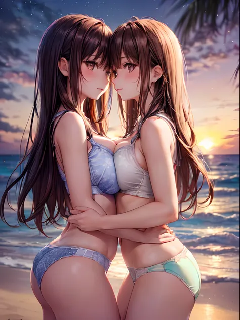 ((2 Little girls touch each others breasts)), Brown hair, Brown eyes, Model, (Beautiful big breasts:1.3), Bare shoulders, (bared  chest:1.2), (High School Uniform, Professional Photography, (((Bokeh))),  Beach, Sea, Twilight, Sunset, Underwear pattern mult...