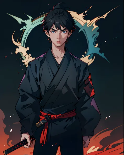 1boy, black kimono, holding katana, cool,dark background, showing his back and watching the viewer, standing, short hair, black katana