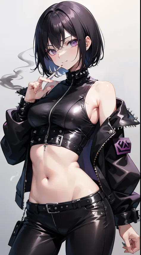 young girl, short black hair, violet eyes, smirk, Black leather jacket with spikes, open belly, breeches, Chains on clothes, scar on face, cigarette, Smoke, hiquality, 4k, HD, Good detail