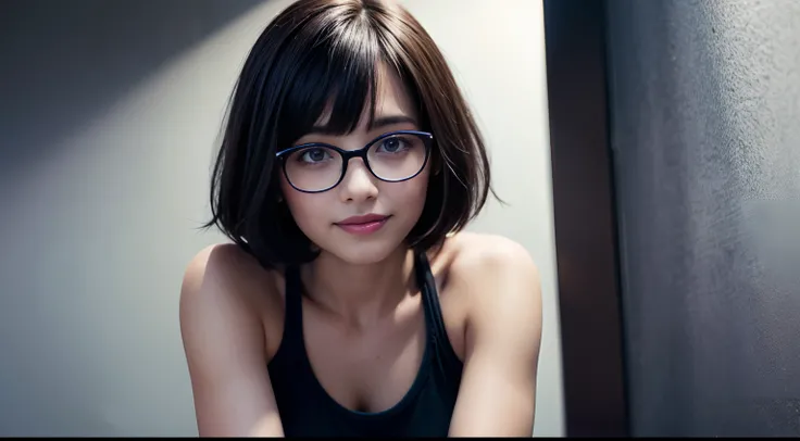 (8k, best quality, masterpiece:1.2), ((black hair)), ((violet eyes)), short hair, bob cut hair, 18 year old, glasses, tank top, (smile:1.15), beauty, 1, slender, extremely cute face, exquisite face, upper body