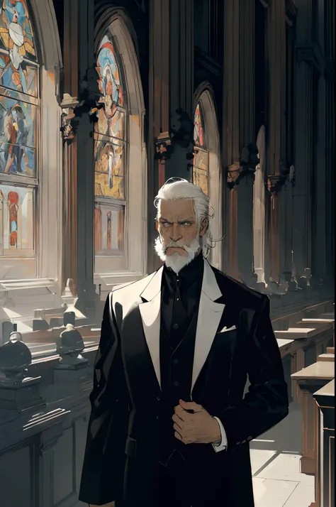 (masterpiece:1.2), best quality, absurdres, rugged white male with combed white hair, white beard, in a sophisticated all black suit, with a tired expression, somber expression, standing in front of large stained glass in a large library, comic, smooth lin...