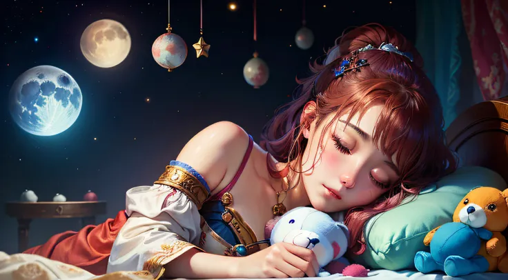 colorful、on badroom、kosmos、Big Moon、realistic、The girl is sleeping、Only one stuffed animal、超A high resolution