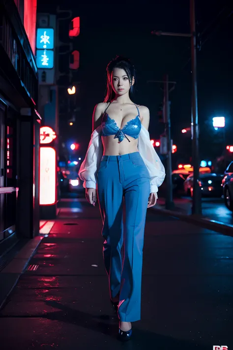 Katsuya Teradas artwork, Murata Works artwork, The Art of Akiman, Junis art, Cute and slim full-body portrait of a young female thug in Japan, gigantic cleavage breasts，cleavage，longer sleeves，Trousers，battle scars, Realistic skin texture, A small number o...