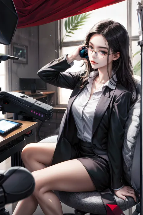 Girl answering the phone at work、1 staff、Cute Realistic Girl、Wearing a suit and glasses、unclear、breasts are not very large、