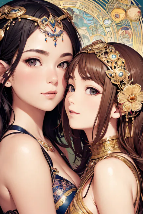 murata, two mature women, decorative decorative bikinis (((Masterpiece))), ((((Best quality)))), (((Ultra-detailed))), (CG illustration), ((Extremely delicate and beautiful)),(Cute and delicate face),Cinematic light, smiling, (geometric:1.2), hair decorati...