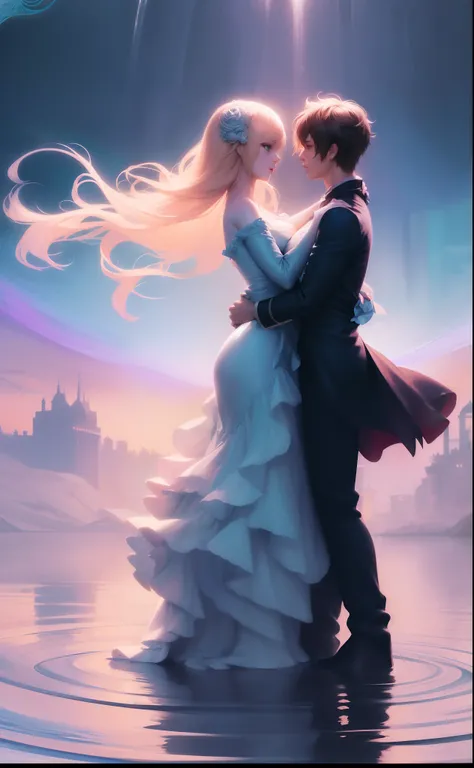 anime couple in love hugging in the water at night, concept art of love, charlie bowater art style, rob rey and kentarõ miura style, neoartcore and charlie bowater, charlie bowater and artgeem, fantasy art style, rob rey and kentarõ miura, in style of cyri...