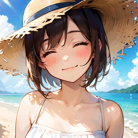 1girl, short brown hair, closed eyes, cheerfull smile, blush, white summer dress, straw hat, solo, best quality, masterpiece, portrait, beach, sunny background, 1result, vibrant, detailed, perfect anatomy, detailed art, high definition, 4k, high resolution