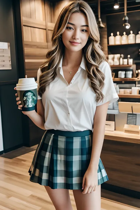 1girl in, age19, Solo, Long wavy hair, Colossal tits, holding Starbucks coffee, blondehair, Full body, (extremely detailed 8k wallpaper), soft lighting, high quality, film grain, Fujifilm XT3 sharp focus, f 5.6, 50mm, High Detail, Sharp focus,(natural ligh...