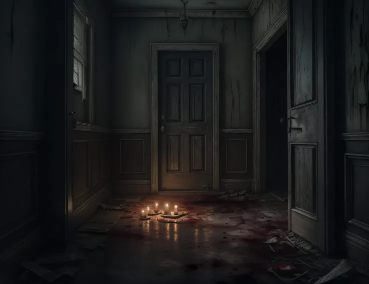 "Best quality，Ultra-detailed PT art，An old house，Closed doors，Closed doors，dark ambiance，Ominous Shadows，Creepy feeling，The floor creaks，Cold，Flashing candlelight，Broken ground，blood stain，Cluttered ground。