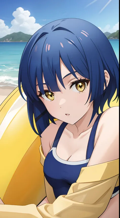 anime girl with short blue hair and yellow eyes, !! looking at the camera!!, swimsuit, celebrity, with full bangs, ultra detail,...