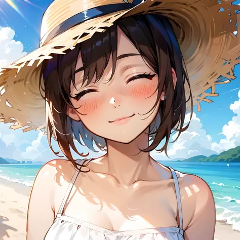 1girl, short brown hair, closed eyes, cheerfull smile, blush, white summer dress, straw hat, solo, best quality, masterpiece, portrait, beach, sunny background, 1result, vibrant, detailed, perfect anatomy, detailed art, high definition, 4k, high resolution