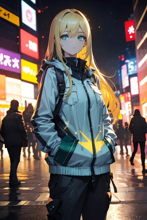 a girl blowing a big bubblegum with both of her hand in her pocket , (hands in pocket:1.4), (big bubblegum:1.4), (Shibuya:1.4), (night lights:1.4), (Thick Body:1.4), (Long Blond Hair:1.4), Green Eyes, HDR (High Dynamic Range), Ray Tracing, NVIDIA RTX, Supe...