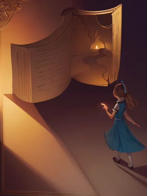 masterpiece, top quality, best quality, official art, beautiful and aesthetic, book door:5, book page is entrance, revealing a magical world within. An Alice-like girl, curious and adventurous, stands at the threshold, about to step into the narrative.