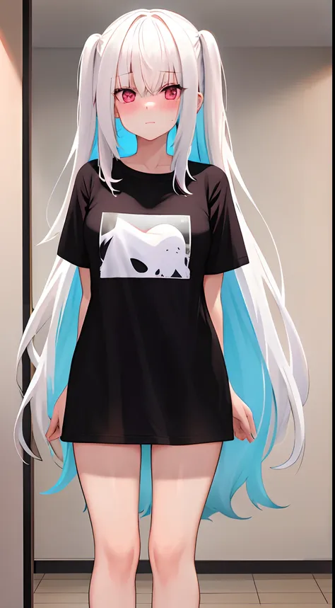 One girl with long hair, white hair, looking at viewer, embarrassed, blushing, indoor , oversized naked t shirt, t shirt only, black t shirt, tight, thigh, feet, standing