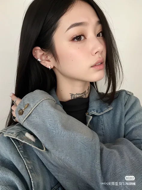 A woman with a neck piercing and a denim jacket, Ulzzang, cruel korean goth girl, de menina taiwanesa com tatuagens, orelhas pontiagudas, orelhas aferidas, goth girl aesthetic, korean symmetrical face, pale pointed ears, south east asian with round face, m...