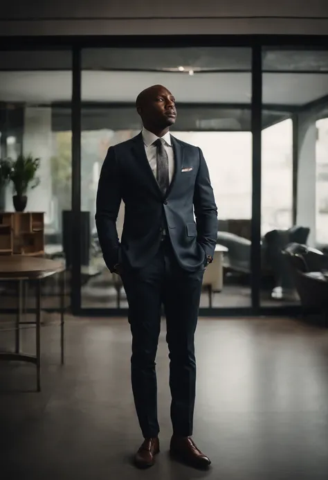 black professional businessman standing in an office with a Television for a head 35mm