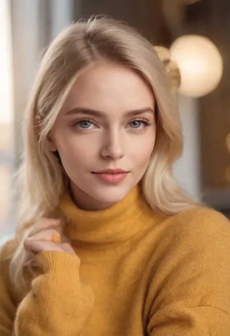 Cute beautiful blonde with yellow sweater, extreamly bold, Vlada Roslyakova ,Russian Fashion Model,  wearing headphone, listening music,(Drinking coffee in a modern café at sunset), sehr detailliert, 14 Jahre alt, unschuldiges Gesicht, naturally wavy hair,...