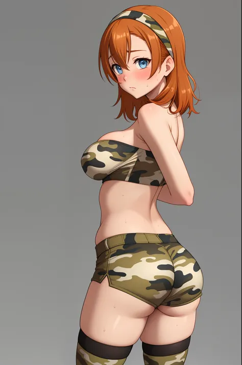 Kousaka honoka, blue eyes, (orange hair:0.8), white head band, strapless crop top, Camouflage paint,army shorts, Camouflage print thighhighs, straddling, serious eye,blush,big breasts, underboob,thicc , curvy body, sweating, embarrassed, from behind