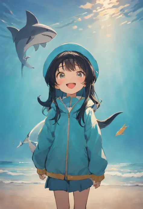 A happy little boy，Shark hat，Long black hair，beachside，butterflys，Blue shark coat，with blue sky and white clouds，