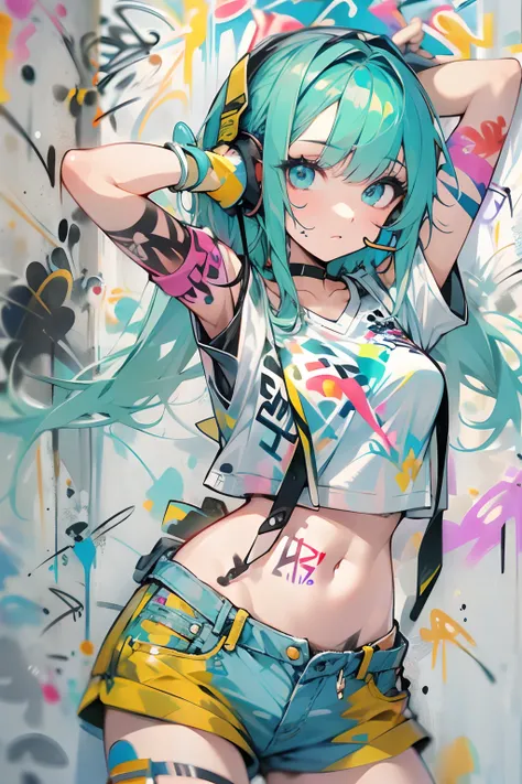 masterpiece, best quality, 1girl, solo, crop top, denim shorts, choker, (graffiti:1.5), paint splatter, arms behind back, against wall, looking at viewer, armband, thigh strap, paint on body, head tilt, bored, multicolored hair, aqua eyes, headset,