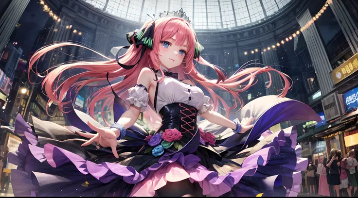 1girll (Masterpiece) (Best quality) (Shiny hair) (Shiny skin), high waist skirt, Dancing Princess, nakano nino, Pink hair, Hair ribbon, butterfly hair ornaments, Dancing girl, The eyes are super clear, The picture quality is super high,