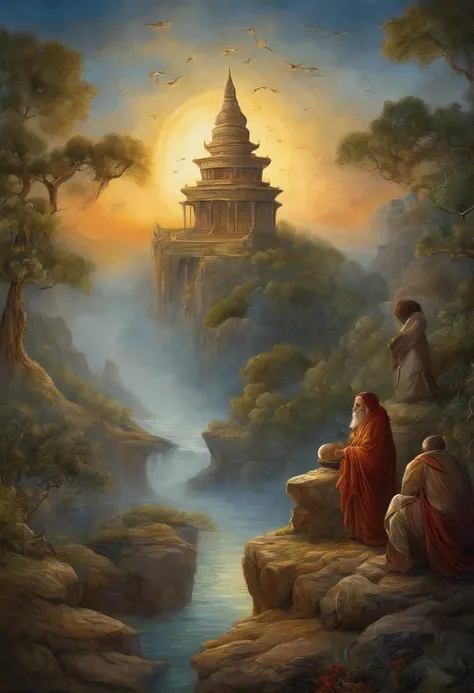 masterpiece, bestquality, ultra-detail, illustration, Buddha sits and talks with monks., bara, fantasy, Flying, broomstick, night sky, outdoor, Magic, spells, moon, star, clouds, breeze, capes, broomstick, glowing, mysterious, enchanting, whimsical, playfu...