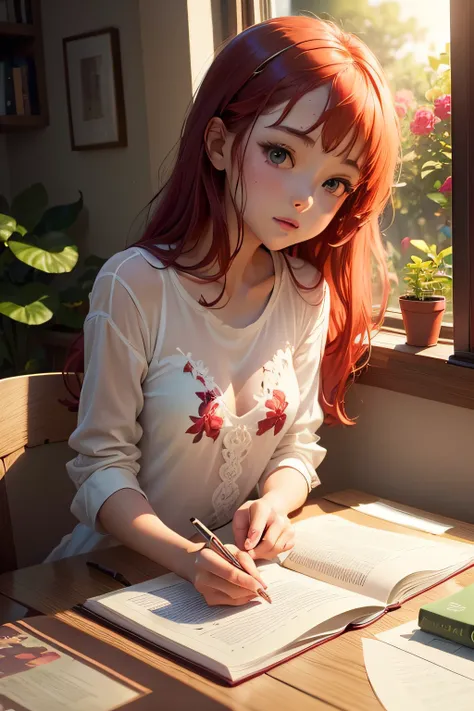 loli girl, (1girl:1.3), sexy, beautiful, red hair, see-through shirt, table near window, studying, focusing, books on table, coffee cup on table, morning, sunshine, flowers and plants around the room, masterpiece, best quality, horizontal viewing angle