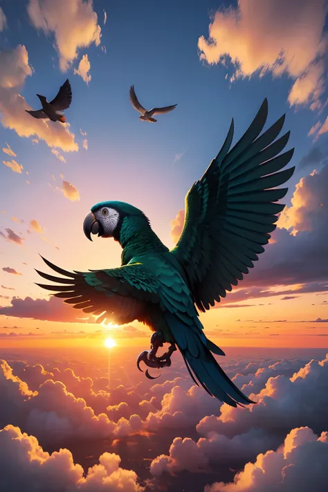 Eclector parrot,Flying with wings spread,Sunset sky,clouds, Lots of birds,