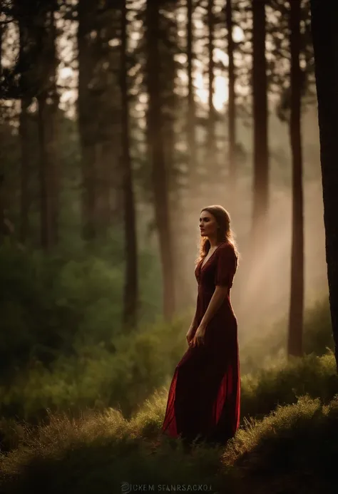 Create a modern, high-definition image of a 35 year old Canadian Australian woman standing on top of a hill, surrounded by forest and a valley can be seen fading into the distance. The woman is looking into the distance. The woman is wearing hiking clothes...