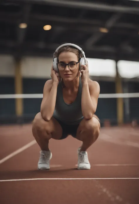 Woman in glasses doing sports in headphones