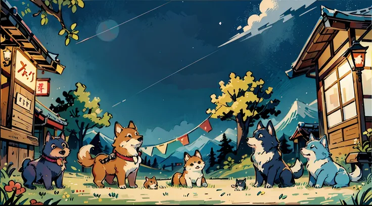 Dogs on both sides、Cute dog、Cheerful dog、Shiba dog、Japanese wolf、A delightful、busy、nighttime scene、Perspective、masutepiece、ultra-quality