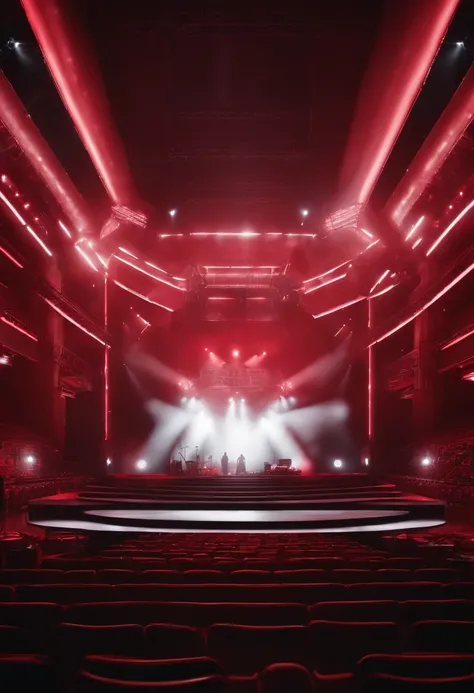 Red concert stage with white and black, future-tech, glowing neon lights, Realistic details and vivid textures.