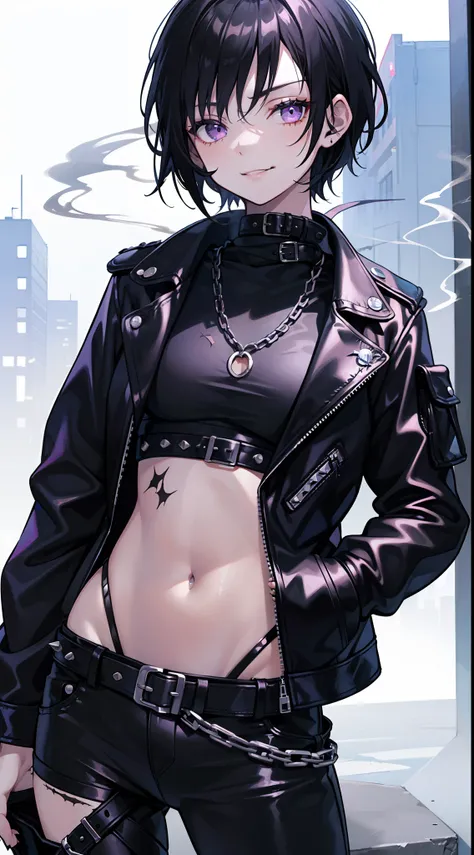 young girl, short black hair, violet eyes, smirk, Black leather jacket with spikes, open belly, breeches, Chains on clothes, scar on face, cigarette, Smoke, hiquality, 4k, HD, Good detail