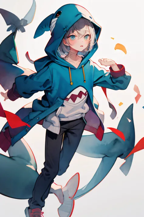 Masterpiece, Best quality, Shark hoodie,aquarelle, Handsome boy，Wear a shark hat，full bodyesbian，Faraway view，White background