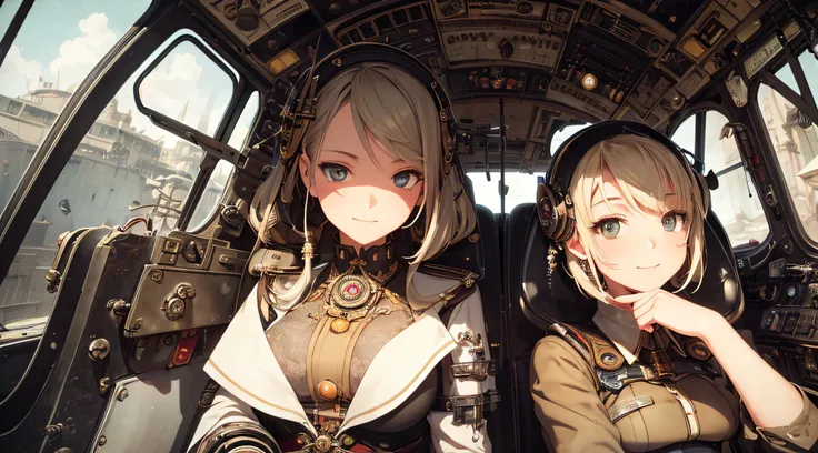 steampunk, two women, sitting in cockpit of world war 2 era fighter airplane, (((masterpiece))), ((((best quality)))), (((ultra-...