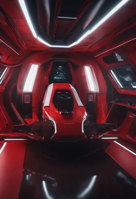 Red spacecraft with white and black, future-tech, glowing neon lights, Realistic details and vivid textures.