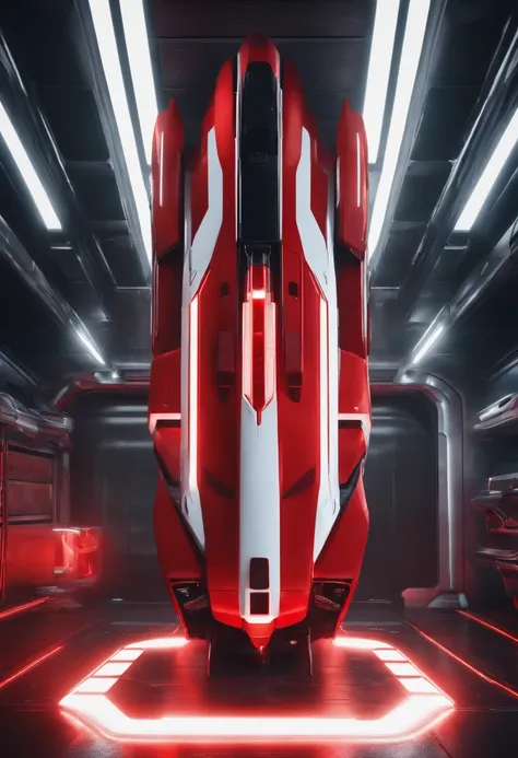 Red spacecraft with white and black, future-tech, glowing neon lights, Realistic details and vivid textures.